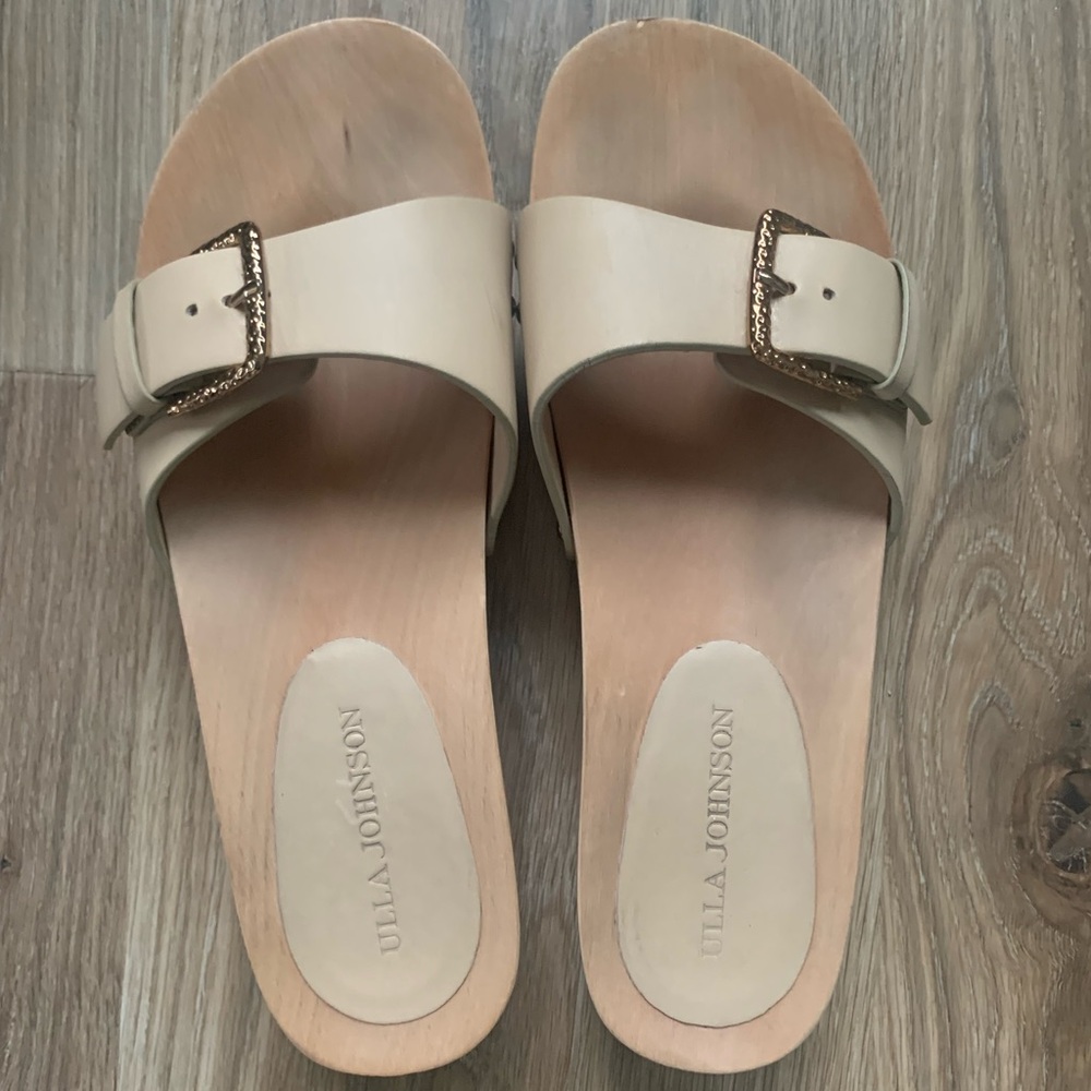 Ulla Johnson Women's Buckle Wooden Clog Slide Sandals Cream Size 38.5 US 8 - Picture 4 of 11